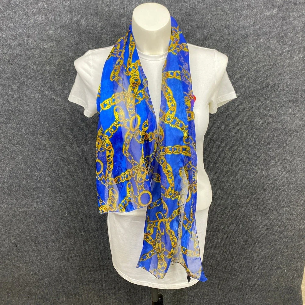 Vintage Style Gold Chain Link Blue Striped Lightweight Silk Feel Scarf